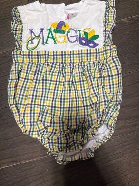Maggie Embroidered Plaid Baby Romper - White, Green, Yellow & Purple